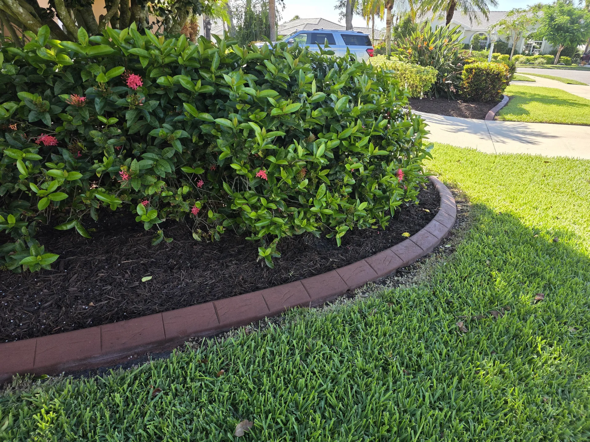 Stamped concrete curbing around a refreshed mulch planting bed in Deep Creek Port Charlotte FL