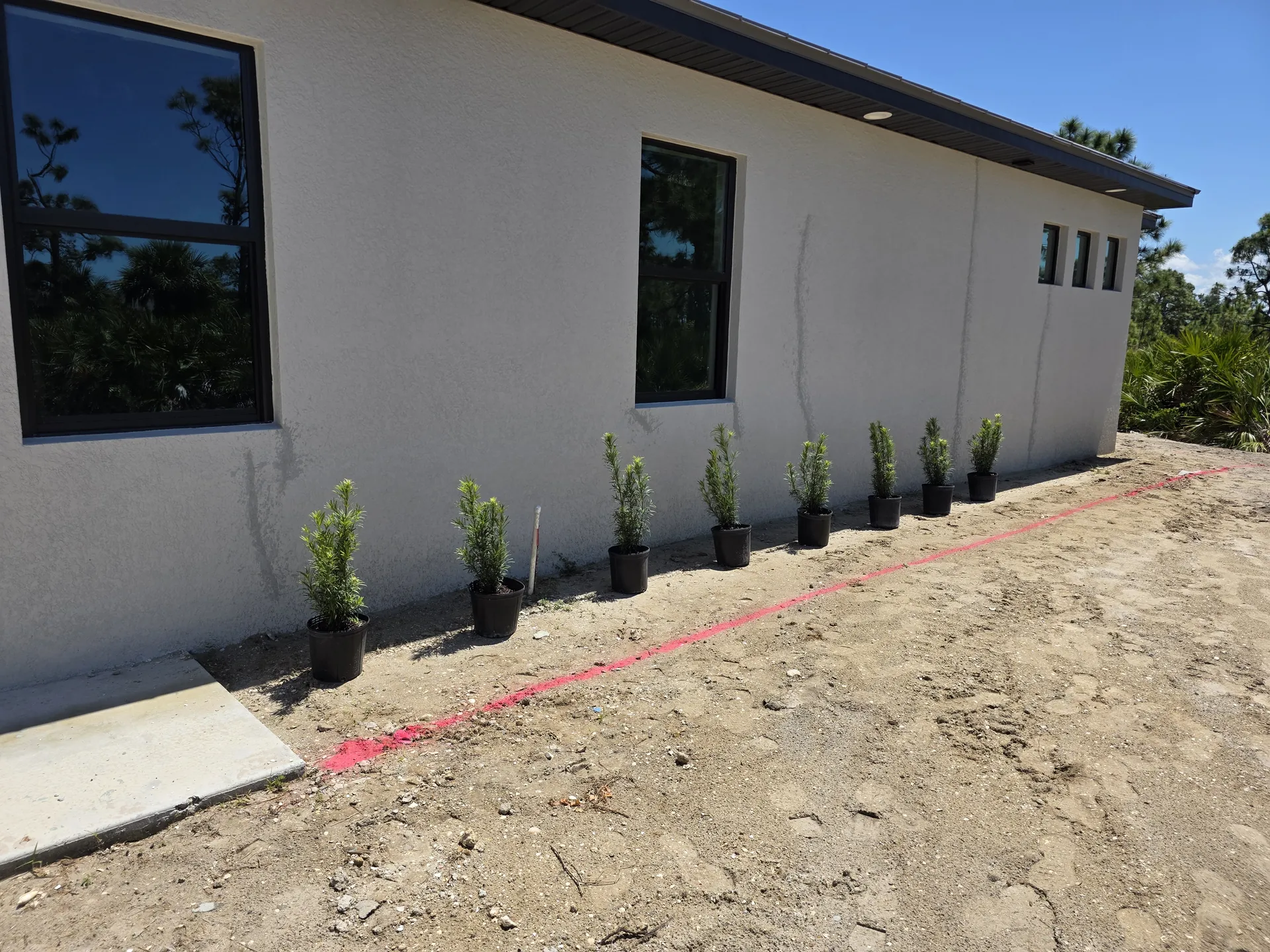 Shrubs staged along a home foundation before a bed replant with mulch