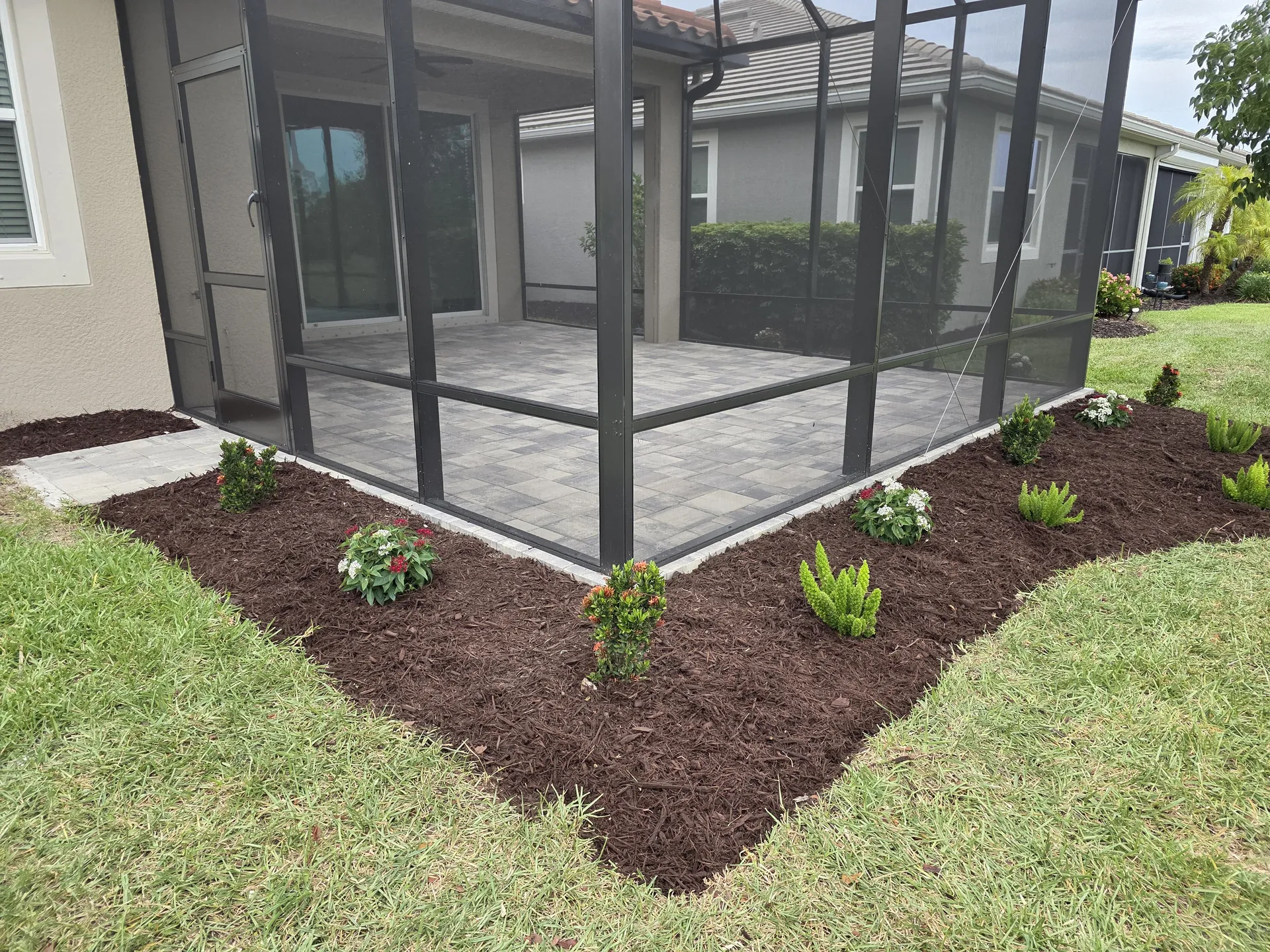 Fresh mulch bed with new plantings wrapping a screened lanai after a full renovation