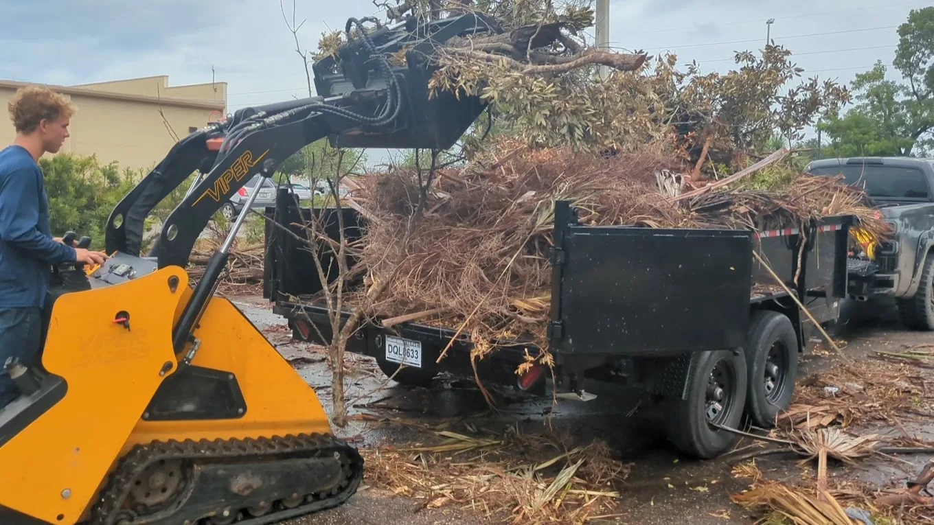 Tracked skid steer grappling brush and small trees