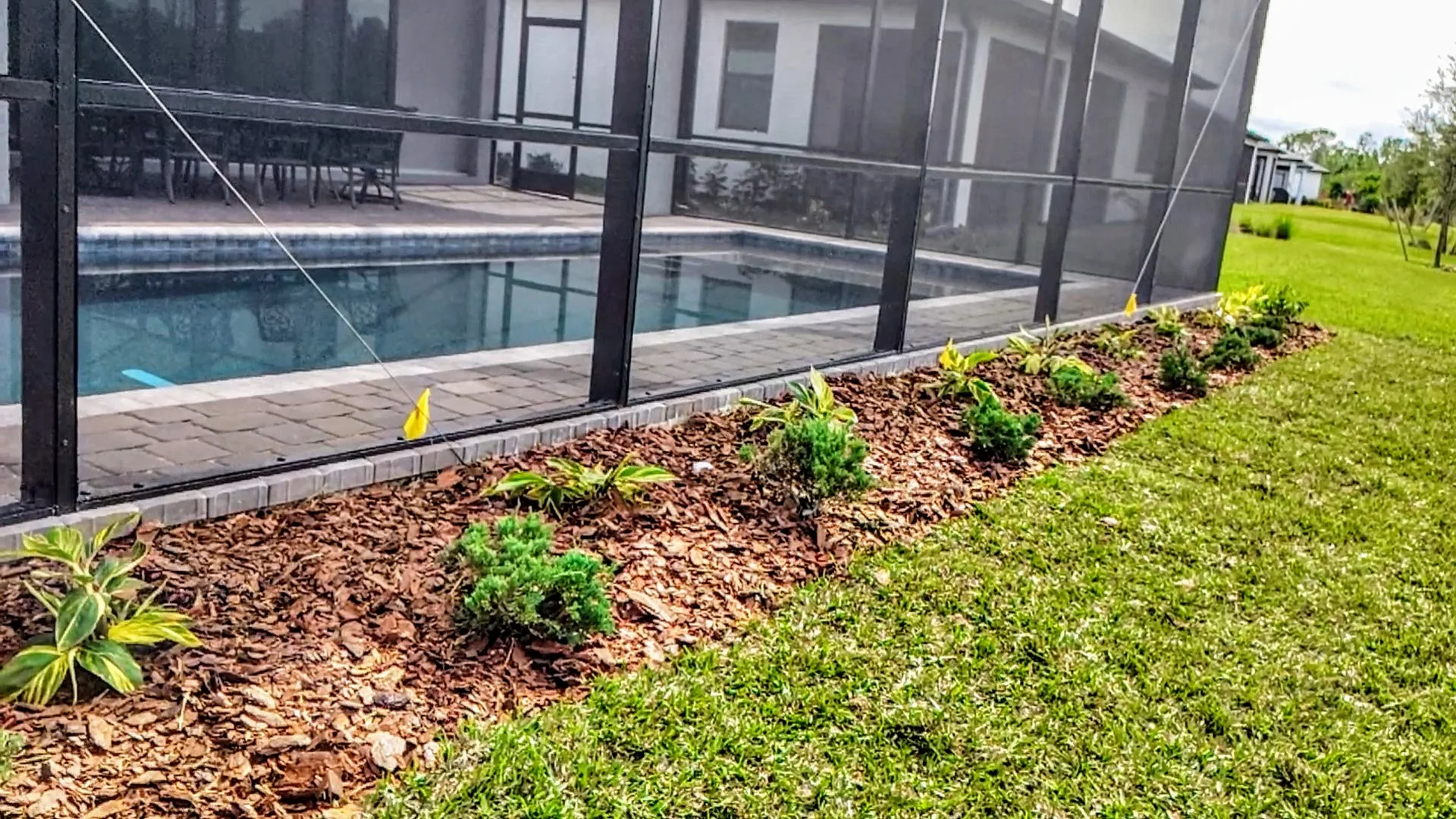 Concrete curbing along a pool-side planting bed with rock and tropical plants at a Port Charlotte home